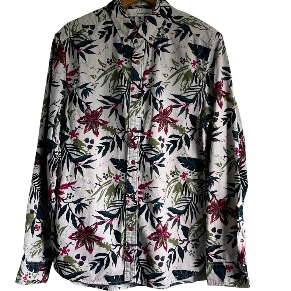 H & M L.O.G.G Corduroy Button Down Shirt Woodland Print Size Medium Regular Fit